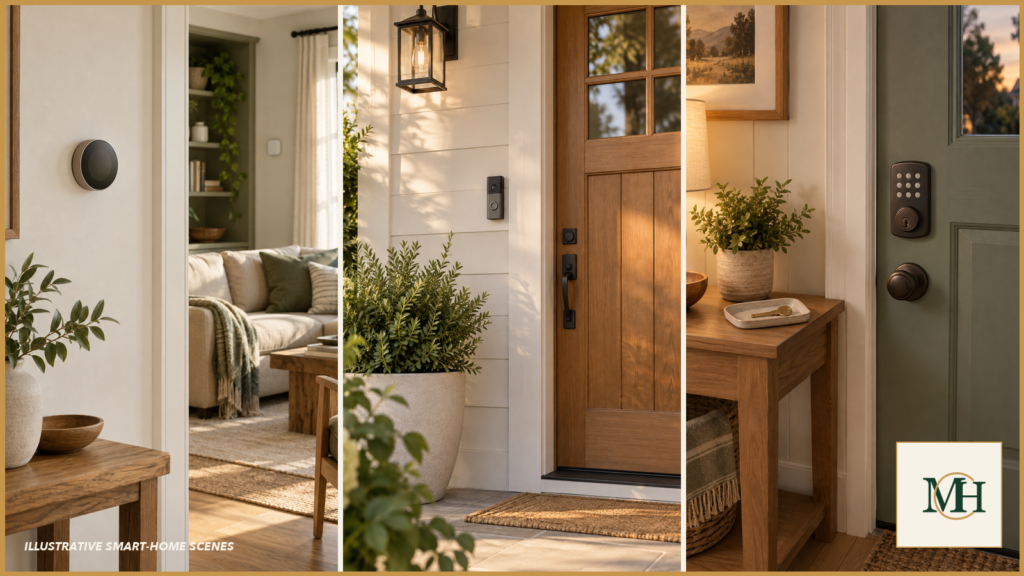 What to automate at home—and what to keep manual What to Automate at Home—An illustrative editorial triptych showing a smart thermostat, video doorbell and keypad lock in warm, calm home settings.