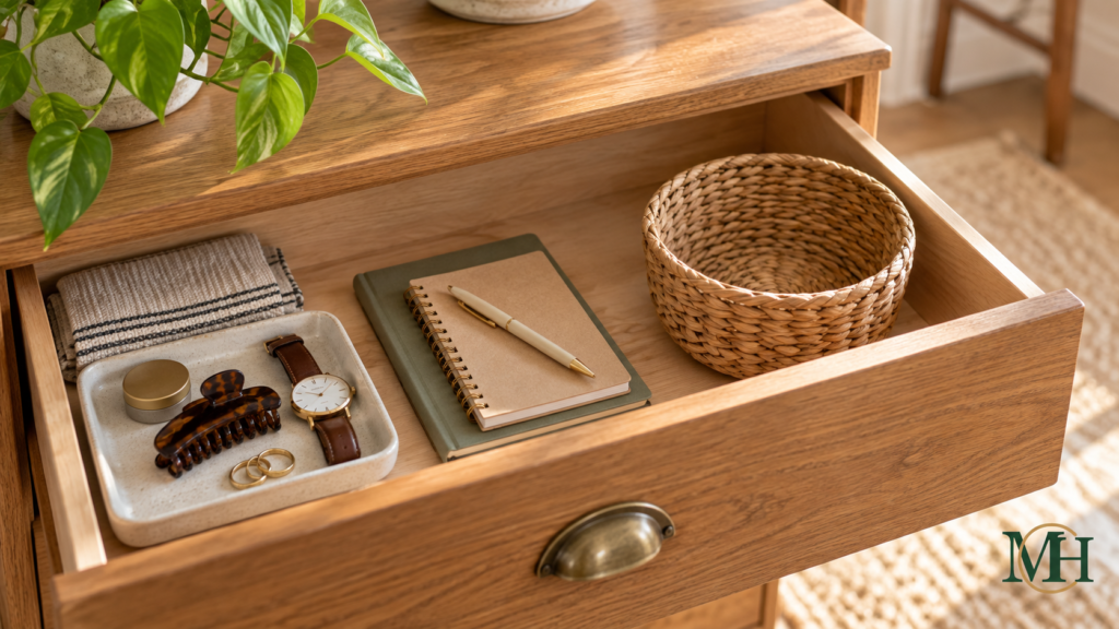 Things That Do Not Need an Organizer. A partly cleared wooden drawer with one modest group of useful items and an empty basket.