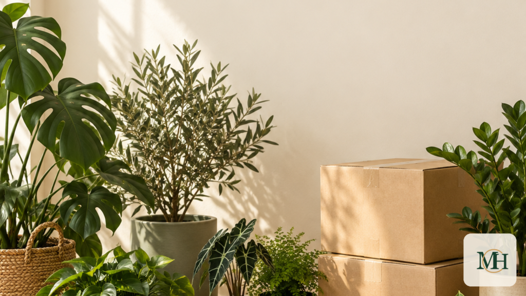 An illustrative collection of healthy potted plants gathered beside neutral moving boxes in warm natural light.