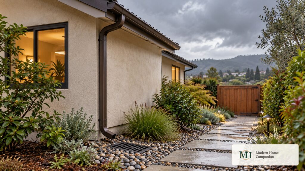 Illustrative Bay Area rainy season preparation scene showing a downspout, ground drain and exterior water path beside a California home.
